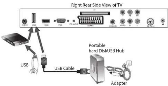 Right Rear Side View of TV USB USB Cable USB Cable Portable hard DiskUSB Hub Adapter
