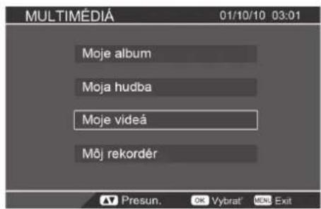 MULTIMÉDIÁ 01/10/10 03:01 Moje album Moja hudba Moje videá Môj rekordér Presun. OK Vybrat' END Exit
