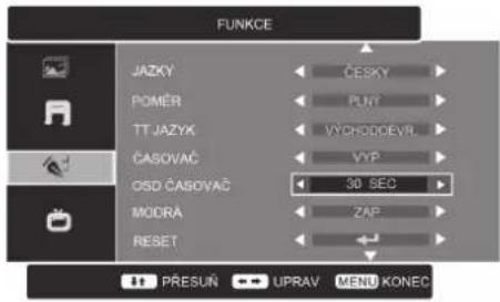 FUNKCE JAZKY POMER TT JAZYK ČASOVAČ OSD ČASOVAČ MODRA RESET ČESKY PLNT VÝCHODOEVR. VYP 30 SEC ZAP PŘESUŇ UPRAV MENU KONEC
