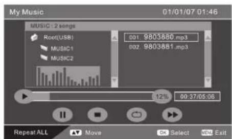 My Music 01/01/07 01:46 MUSIC : 2 songs Root(USB) MUSIC1 MUSIC2 001.9803880.mp3 002.9803881.mp3 12% 00:37/05:06 Repeat ALL ▲ Move On Select Exit