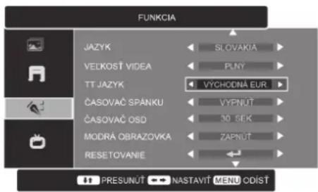 FUNKCIA JAZYK VEŁKOST VIDEA TT JAZYK ČASOVAČ SPÁNKU ČASOVAČ OSD MODRÁ OBRAZOVKA RESETOVANIE SLOVAKIĄ PLNY VÝCHODNÁ EUR VYPNÚT 30 SEK ZAPNÚT PRESUNÚT NASTAVÍT MENU ODÍST