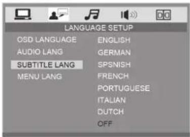 LANGUAGE SETUP OSD LANGUAGE ENGLISH AUDIO LANG GERMAN SUBTITLE LANG SPSNISH MENU LANG FRENCH PORTUGUESE ITALIAN DUTCH OFF
