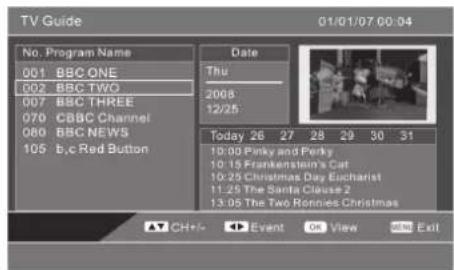 TV Guide 01/01/07:00:04 No. Program Name 001 BBC ONE 002 BBC TWO 007 BBC THREE 070 CBBC Channel 080 BBC NEWS 105 b,c Red Button Date Thu 2008 12/25 Today 26 27 28 29 30 31 10:00 Pinky and Pinky 10:15 Frankenstein's Cat 10:25 Christmas Day Eucharist 11:25 The Santa Claus 2 13:05 The Two Ronnies Christmas ▲ CH+/- Event On View Show Exit