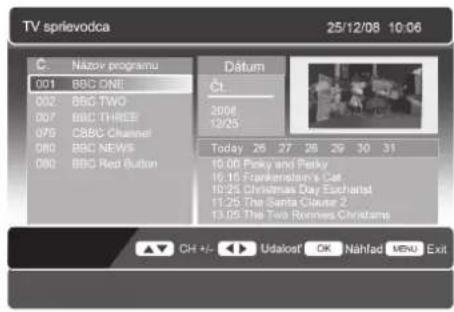 TV sprievodca 25/12/08 10:06 C. Názov programu 001 BBC ONE! 002 BBC TWO! 007 BBC THREE! 079 C&BC Channel! 080 BBC NEWS! 080 BBC Red Button Datum Čt. 2006 12/25 Today 26 27 28 29 30 31 15.00 Pinky and Pinky 16.15 Frankenstein's Cat 10/25 Christmas Day Escharist 11.25 The Santa Claus 2 13.05 The Two Riches Christmas ▲▼ CH +/- ◀► Udakost OK Náhlad MENU Exit