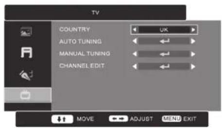 TV COUNTRY UK AUTO TUNING MANUAL TUNING CHANNEL EDIT MOVE ADJUST MENU EXIT