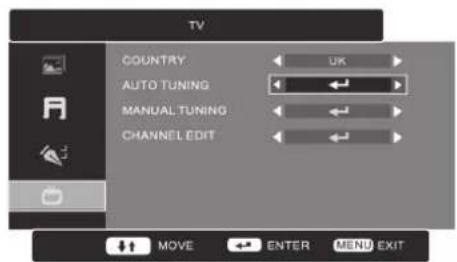 TV COUNTRY UK AUTO TUNING MANUAL TUNING CHANNEL EDIT MOVE ENTER MENU EXIT