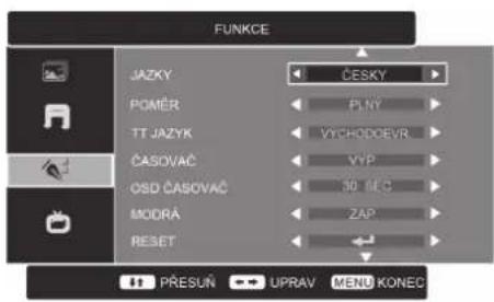 FUNKCE JAZKY ČESKY POMER PLNY TT JAZYK VYCHODOEVR ČASOVAČ VYP OSD ČASOVAČ 30 BEC MODRÁ ZAP RESET PŘESUŇ UPRAV MENU KONEC
