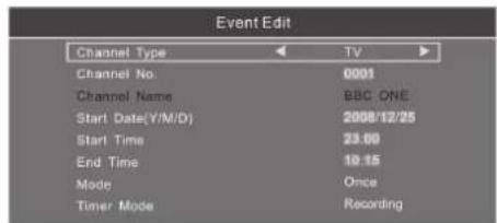 Event Edit Channel Type TV Channel No 0001 Channel Name BBC ONE Start Date(Y/M/D) 2008/12/25 Start Time 23:00 End Time 19:15 Mode Once Timer Mode Recording
