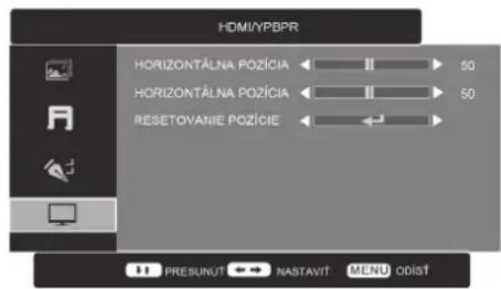 HDMI/YPBPR HORIZONTÁLNA POZÍCIA ← II → 50 HORIZONTÁLNA POZÍCIA ← II → 50 RESETOVANIE POZÍCIE ← ← PRESUNÚT ↔ NASTAVÍT MENU ODÍŠť