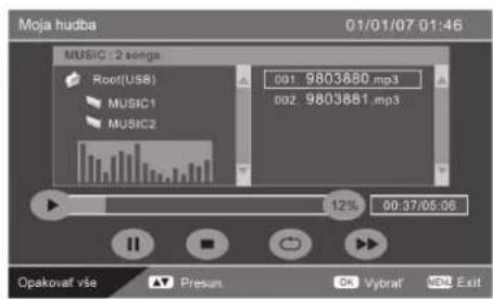 Moja hudba 01/01/07 01:46 MUSIC : 2 songs Root(USB) MUSIC1 MUSIC2 001.9803650.mp3 002.9803651.mp3 12% 00:37/05:06 Opakovat vše Presun Ok Vybrat MDU Exit