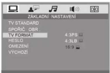 ZÁKLADNÍ NASTAVENÍ TV STANDARD SPORÍČ OBR. TV FORMAT 4:3PS HESLO 4:3LB OMEZENÍ 16:9 VÝCHOŽI