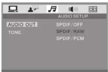 AUDIO SETUP AUDIO OUT SPDIF/OFF TONE SPDIF/RAW SPDIF/PCM