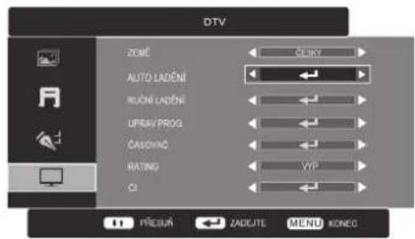 DTV ZOMČ AUTO LADĚNÍ RUČNÍ LADĚNÍ UPRAV PROG. ČASOVINČ RATING CI PŘESUŘ ZADEJTE MENU KONEČ