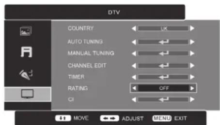 DTV COUNTRY AUTO TUNING MANUAL TUNING CHANNEL EDIT TIMER RATING OFF CI MOVE ADJUST MENU EXIT