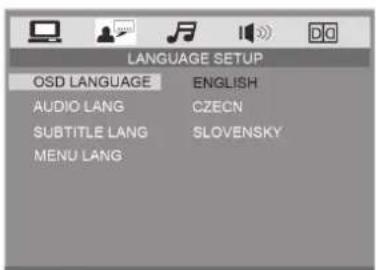 LANGUAGE SETUP OSD LANGUAGE ENGLISH AUDIO LANG CZECN SUBTITLE LANG SLOVENSKY MENU LANG