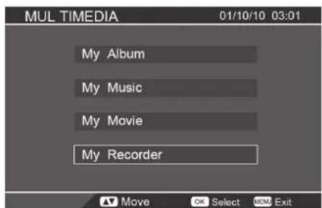MUL TIMEDIA 01/10/10 03:01 My Album My Music My Movie My Recorder Move OK Select MENU Exit
