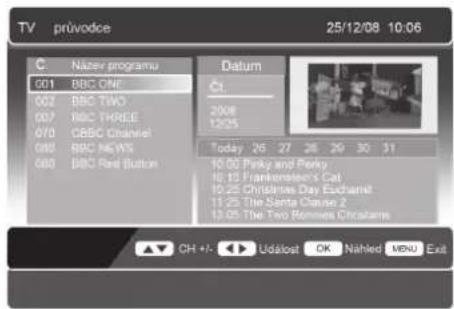 TV průvodce 25/12/08 10:06 C Název programu 001 BBC ONE 002 BBC TWO 007 BBC THREE 070 GBBC Channel 080 BBC NEWS 080 BBC Red Button Datum Čt. 2008 19/25 Today 26 27 28 29 30 31 10.00 Pinky and Pinky 10.15 Frankenstein's Cat 10.25 Christmas Day Eschanel 11.25 The Santa Clause 2 13.05 The Two Rockies Capitals ▲▼ CH +/- ◀️ Událost OK Nahled MENU Exit