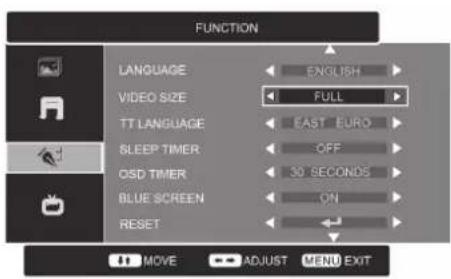 FUNCTION LANGUAGE ENGLISH VIDEO SIZE FULL TT LANGUAGE EAST EURO SLEEP TIMER OFF OSD TIMER 30 SECONDS BLUE SCREEN ON RESET MOVE ADJUST MENU EXIT