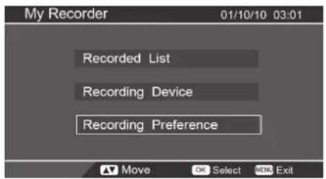 My Recorder 01/10/10 03:01 Recorded List Recording Device Recording Preference Move OK Select FREE Exit