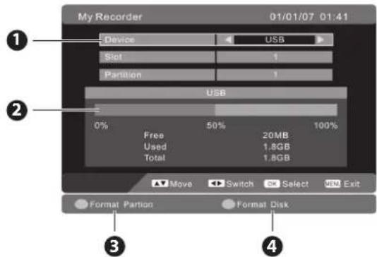 My Recorder 01/01/07 01:41 Device USB Slot 1 Partition 1 USB 0% 50% 100% Free 20MB Used 1.8GB Total 1.8GB Move Switch Select Exit Format Partition Format Disk