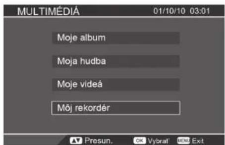 MULTIMÉDIÀ 01/10/10 03:01 Moje album Moja hudba Moje videá Môj rekordér Presun. OK Vybrat' OK Exit