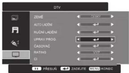 DTV ZEME AUTO LADENI RUČNI LADENI UPRAV PROG. ČASOVAČ RATING CI PŘESUŇ ZADEJTE MENU KONEC