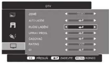 DTV ZEME AUTO LADENÍ RUČNÍ LADENÍ UPRAV PROG. ČASOVAC RATING CI PŘESUŇ ZADEJTE MENU KONEC