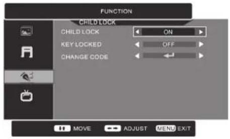 FUNCTION CHILD LOCK CHILD LOCK ON KEY LOCKED OFF CHANGE CODE