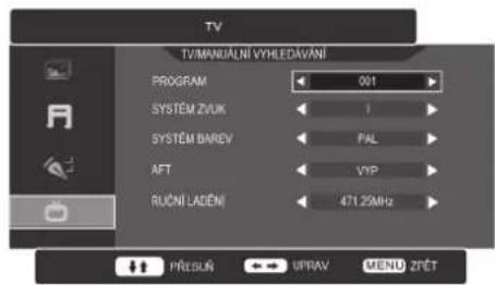 TV TV/MANUALNI VYHLEDAVANI PROGRAM 001 SYSTEM ZVUK 1 SYSTEM BAREV PAL AFT VYP RUČNI LADEN 471.25MHz PŘESUŘ UPRAV MENU ZŘET