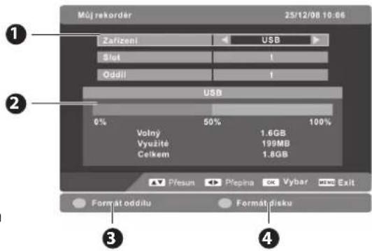 Múj rekordér 25/12/08 10:66 Zarizeni USB Slot 1 Oddil 1 USB 0% 50% 100% Volny 1.6GB Vyuzité 199MB Celkem 1.8GB Plesun Přepina OK Vybar Exit Format oddítu Format disku 3 4