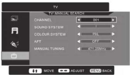 TV TV MANUAL SEARCH CHANNEL 001 SOUND SYSTEM COLOUR SYSTEM PAL AFT OFF MANUAL TUNING 471.25MHz MOVE ADJUST MENU BACK