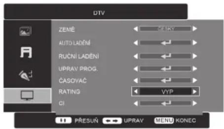 DTV ZEMĚ ČEŠKY AUTO LADENÍ RUČNÍ LADENÍ UPRAV PROG. ČASOVAČ RATING VYP CI PŘESUŇ UPRAV MENU KONEC