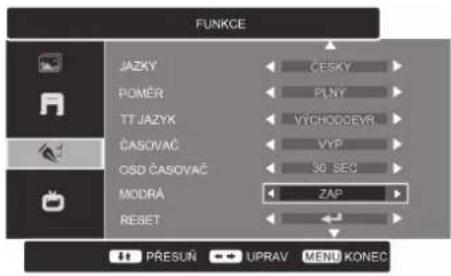 FUNKCE JAZKY POMER TT JAZYK ČASOVAČ OSD ČASOVAČ MODRA RESET ČESKY PLNY VÝCHODOEVR VYP 30 SEC ZAP PŘESUŇ UPRAV MENU KONEČ