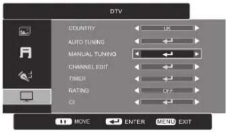 DTV COUNTRY AUTO TUNING MANUAL TUNING CHANNEL EDIT TIMER RATING CI MOVE ENTER MENU EXIT