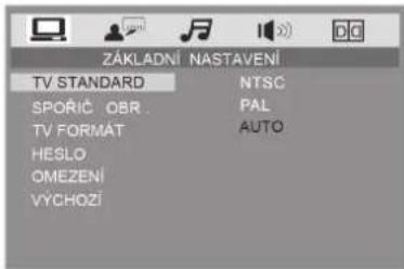 ZÁKLADNÍ NASTAVENÍ TV STANDARD NTSC SPÓRÍC OBR PAL TV FORMAT AUTO HESLO OMEZENÍ VÝCHOZÍ