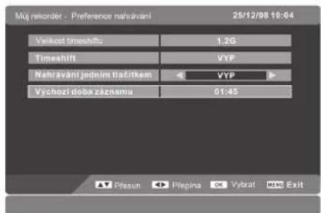 Muj rekorder - Preference nahravani 25/12/98 10:04 Verkost timeshift 1.2G Timeshift VYP Nahravani jednim tlačitkem VYP Vychozí doba zaznamu 01:45 Pfasun Pfeplna OK Vybrat Exit
