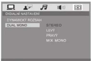 DIGIALNÍ NASTAVENÍ DYNAMICKY ROZSAH DUAL MONO STEREO LEVÝ PRAVÝ MIX MONO