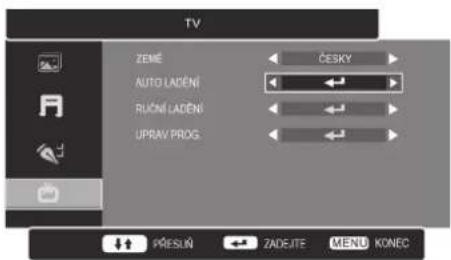 TV ZEMÉ AUTO LADENÍ RUČNÍ LADENÍ UPRAV PROG. ČESKY PŘESUŇ ZADEJTE MENU KONEC