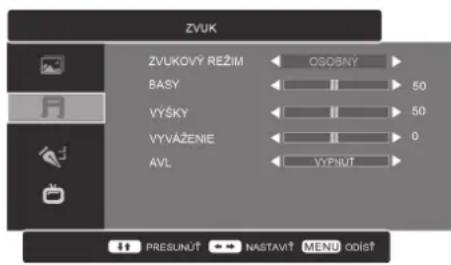 ZVUK ZVUKOVY REŽIM OSOBNY BASY 50 VÝŠKY 50 VÝVÁŽENIE 0 AVL VÝPNŮT PRESUNŮT NASTAVŮ MENU ODÍŠŮ