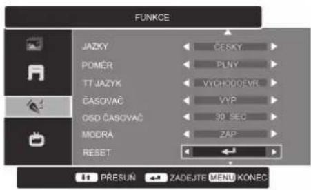 FUNKCE JAZKY POMER TT JAZYK ČASOVAČ OSD ČASOVAČ MODRA RESET ČESKY PLNY VYCHODOEVR VYP 90 SEQ ZAP PRESUN ZADEJTE MENU KONEC