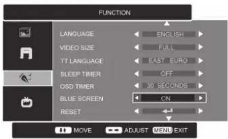FUNCTION LANGUAGE ENGLISH VIDEO SIZE FULL TT LANGUAGE EAST EURO SLEEP TIMER OFF OSD TIMER 30 SECONDS BLUE SCREEN ON RESET MOVE ADJUST MENU EXIT