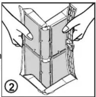 Illustration of two hands assembling or folding a mechanical component.