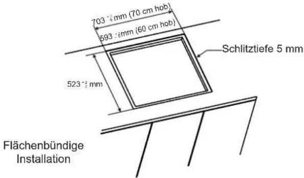 703 mm (70 cm hob) 593 mm (60 cm hob) 523 mm Schlitztiefe 5 mm Flächenbündige Installation