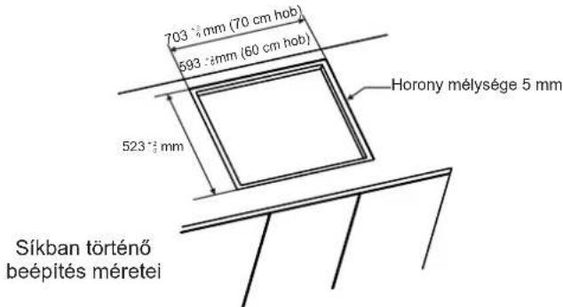 703 mm (70 cm hob) 593 mm (60 cm hob) 523 mm Horony mélysége 5 mm Síkban történő beépítés méretei
