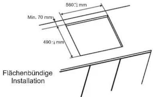 560-1⁄2 mm Min. 70 mm 490-1⁄2 mm Flächenbündige Installation