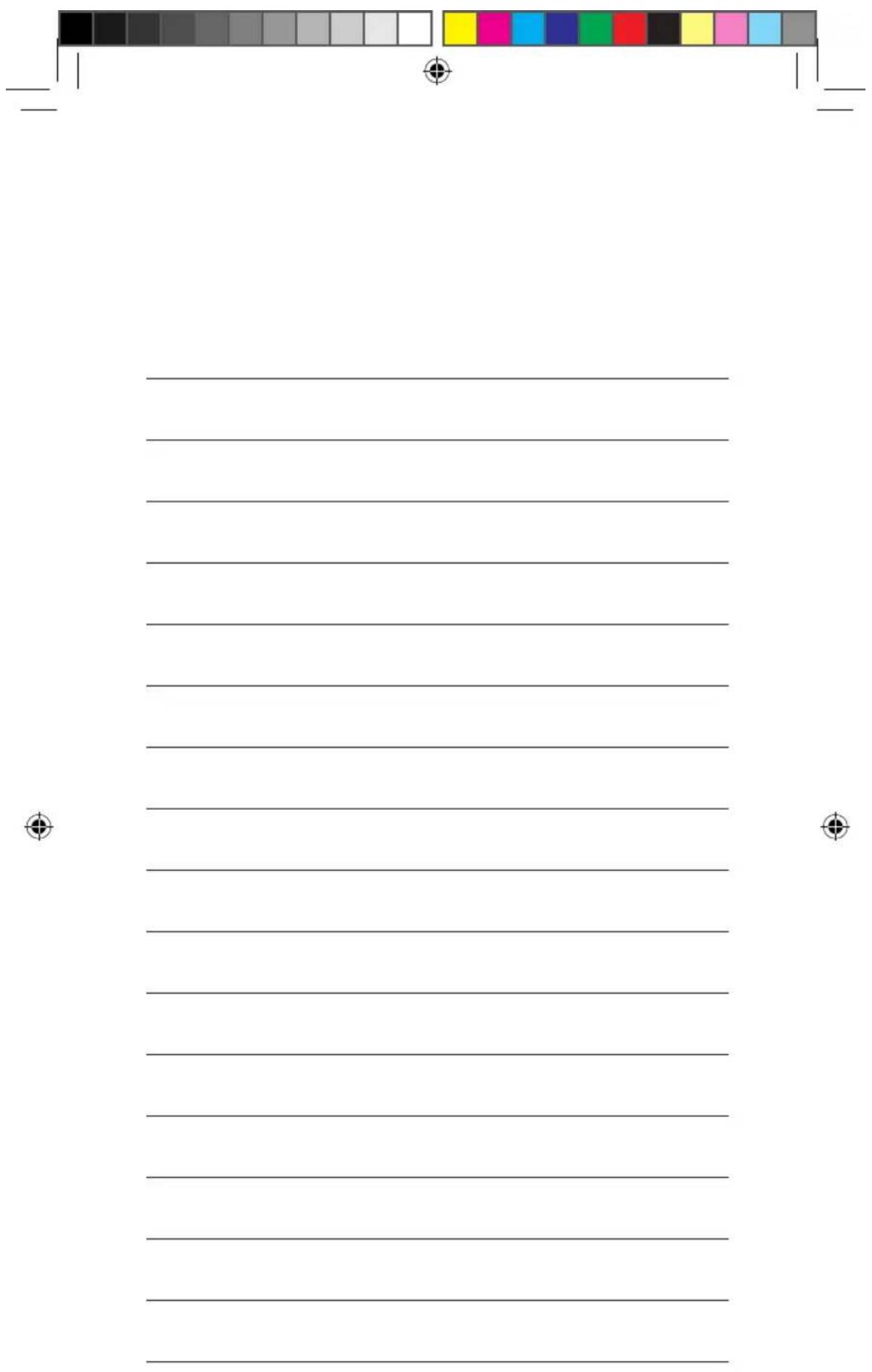 Blank document template with a color palette bar at the top and bottom edges, containing horizontal lines of text.