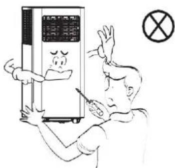 Illustration showing a person using a refrigerant device with a warning symbol and crossed-out cross symbol nearby
