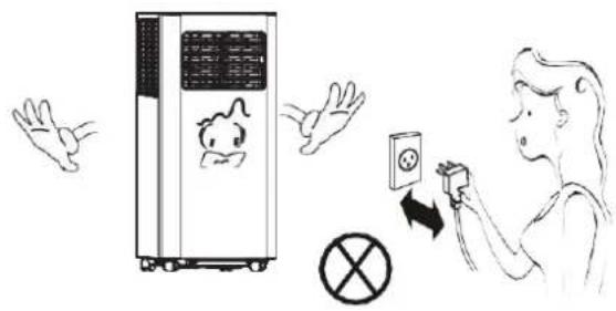 Illustration showing a person using an electrical outlet to clean air, with hand gestures and a prohibition symbol nearby.