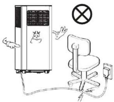 Diagram showing a device connected to an office chair with warning symbols and electrical connections