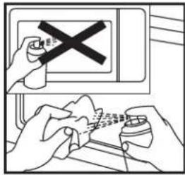 Diagram showing a hand holding a 'X' symbol above a device, with another hand holding a spray bottle below, illustrating a chemical or safety hazard.